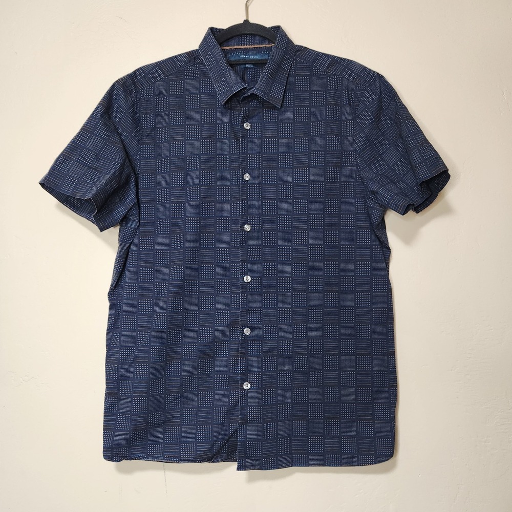 Perry Ellis Button Down Shirt Men's Size Large Slim Stretch Blue Polka Dot